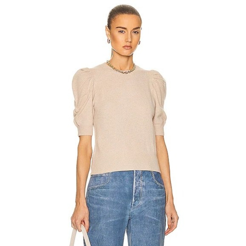 FRAME Oatmeal Heather 100% Cashmere Puff Sleeve Knit Top OP24KSW004 L